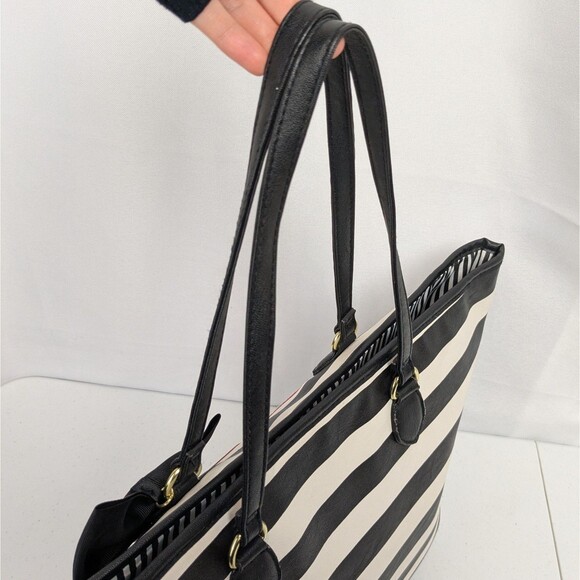 Luv Betsey Johnson Black White Striped Glitter Pink Heart Bow Tote Bag - Picture 5 of 11
